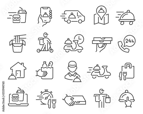 Food Delivery icons set. Collection of linear simple web icons such as food box, courier, fast delivery, door delivery, order food online, scooter and food truck, courier call and more. Editable