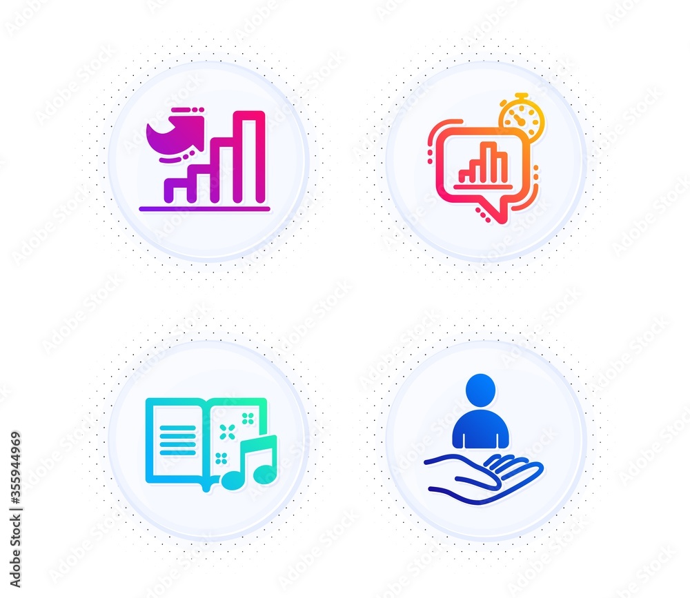 Statistics timer, Growth chart and Music book icons simple set. Button with halftone dots. Recruitment sign. Growth chart, Diagram graph, Musical note. Hr. Education set. Vector Statistics timer, Growth chart and Music book icons simple set. Button with halftone dots. Recruitment sign. Growth chart, Diagram graph, Musical note. Hr. Education set. Vector