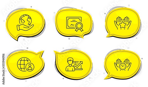 Success business sign. Diploma certificate, save planet chat bubbles. Ranking, International recruitment and Safe time line icons set. Hold star, World business, Management. Growth chart. Vector