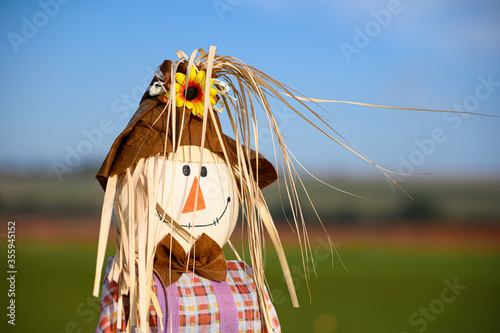 Fun happy children's scarecrow in a farmers field