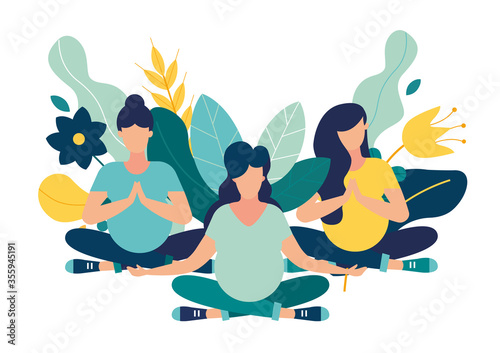 Vector illustration. yoga health benefits of the body, mind and emotions, a pregnant woman with her partner in a yoga pose meditate. preparing parents for childbirth. 