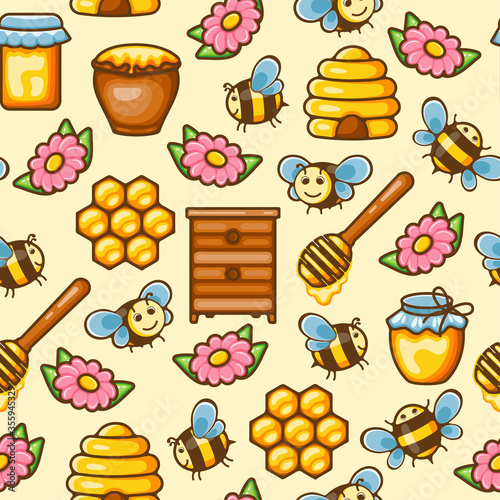 Honey farm icons cartoon doodle hand drawn colorful seamless vector pattern. Bee, hive, honeycomb, deeper, jars and flowers.