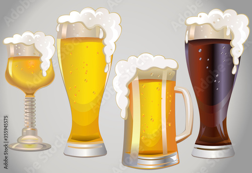 different glasses with different beers on a background