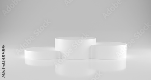 White cylinder winners podium with three rank places. Pedestal. 3D illustration