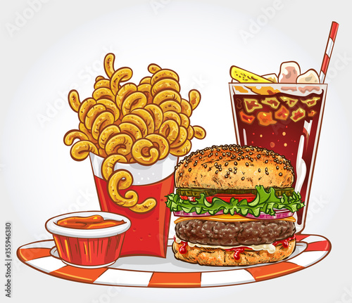 Hand drawn vector illustration of a burger with curly fries, ketchup and iced soda.