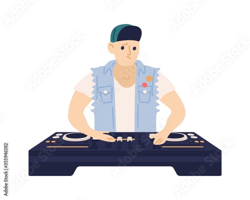 Stylish male DJ with confused face expression vector flat illustration. Trend...