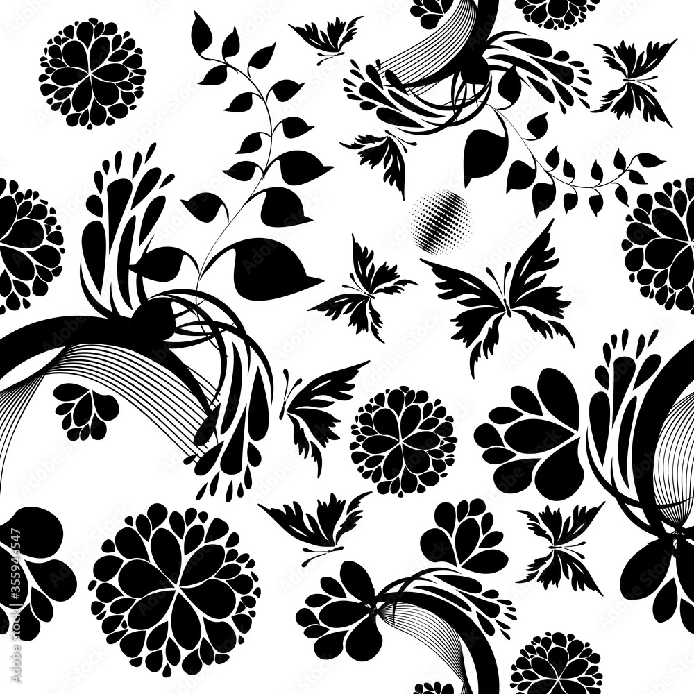 Simple vector pattern made of hand drawn sketchy flowers and leaves. Black and white floral background.