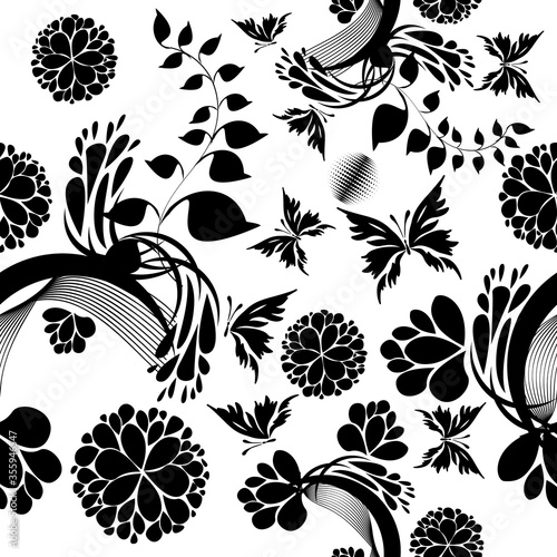 Simple vector pattern made of hand drawn sketchy flowers and leaves. Black and white floral background.