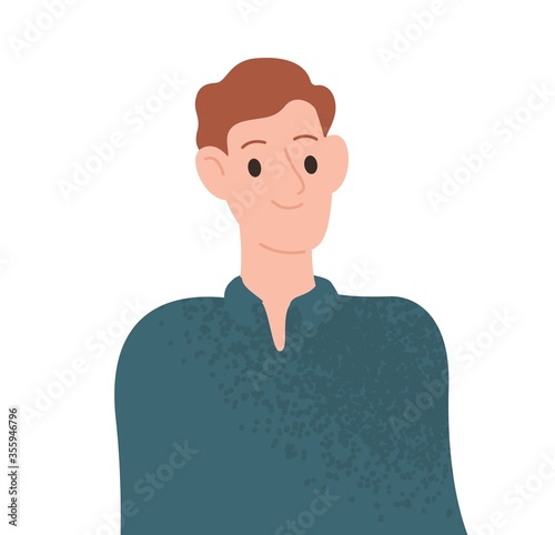 Portrait of smiling young casual man vector flat illustration. Happy guy demonstrate positive emotions isolated on white background. Colorful cheerful male with joyful face expression