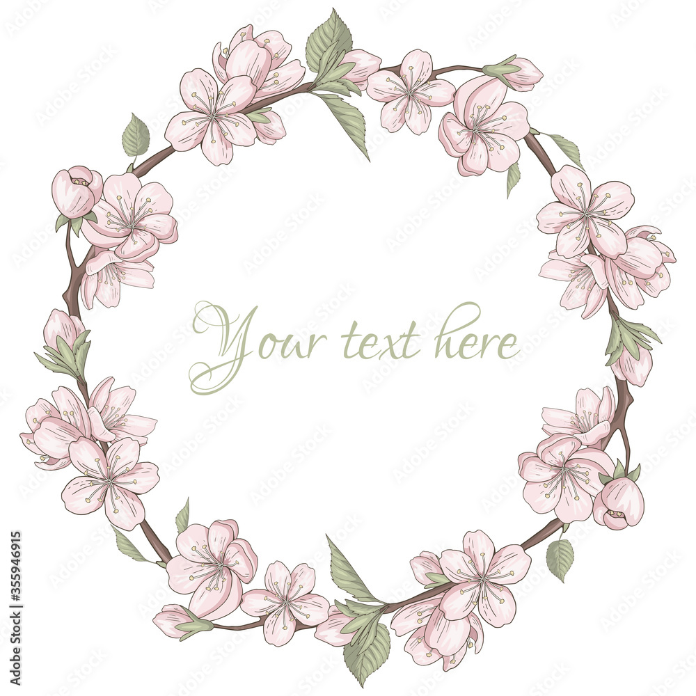Froral wreath made of sakura flowers. Template with copy space for greeting card, wedding invintation, festive flyer. Vector illustration. Isolated objects on white background.