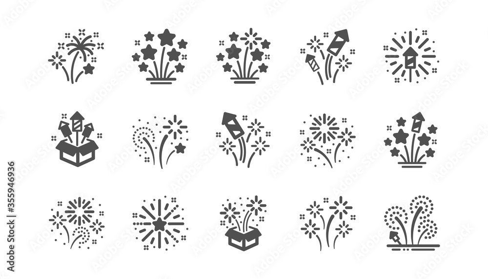 Firework salute icons set. Carnival celebration, christmas explosive pyrotechnic and festival lights. New year firework set icons. Flash rocket, pyrotechnic effects, christmas salute. Vector Firework salute icons set. Carnival celebration, christmas explosive pyrotechnic and festival lights. New year firework set icons. Flash rocket, pyrotechnic effects, christmas salute. Vector