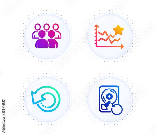 Group, Recovery data and Ranking stars icons simple set. Button with halftone dots. Recovery hdd sign. Developers, Backup info, Winner results. Education set. Gradient flat group icon. Vector