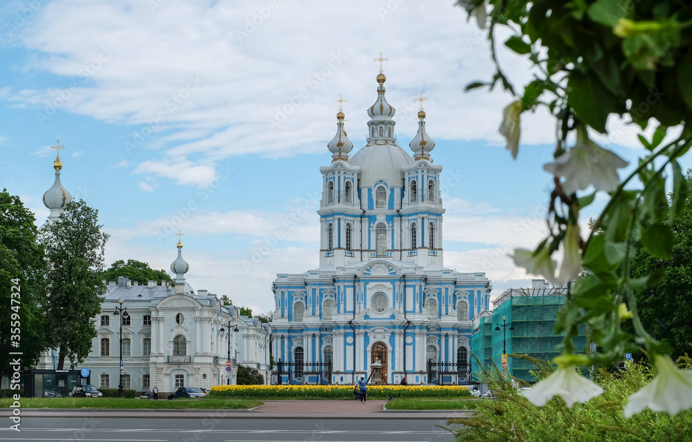 St. Petersburg, Russia. June 07, 2020. View of the Resurrection Smolny Cathedral. Horizontal orientation, selective focus.