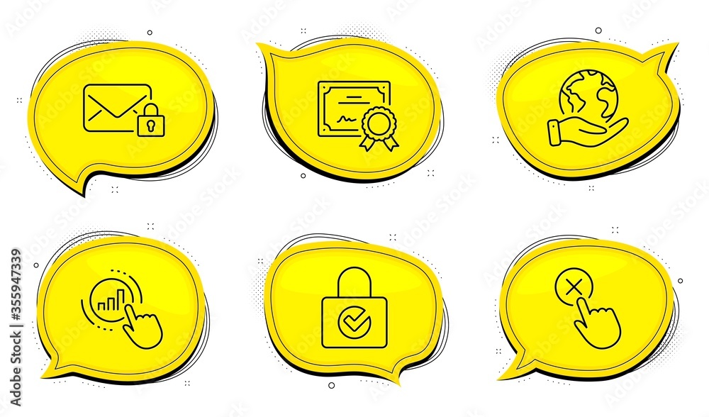 Graph chart sign. Diploma certificate, save planet chat bubbles. Password encryption, Reject click and Secure mail line icons set. Protection locker, Delete button, Private e-mail. Get report. Vector Graph chart sign. Diploma certificate, save planet chat bubbles. Password encryption, Reject click and Secure mail line icons set. Protection locker, Delete button, Private e-mail. Get report. Vector