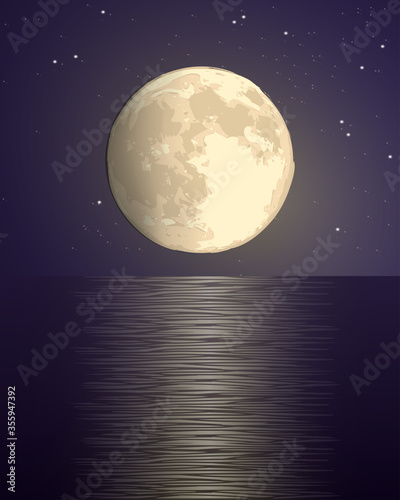 Stampa su tela full big yellow moon against the background of the starry sky over the sea with a lunar path on the water