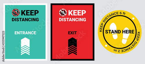 Please keep safe distance sign to help reduce the spread of covid-19 coronavirus. Respect physical distancing 6 feet or 2 meters floor sticker for entrance, exit, stand in the stores or supermarkets