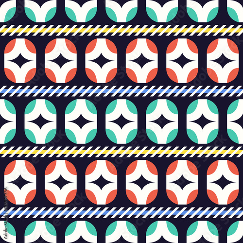 vector rounded rectangle and horizontal askew lines seamless pattern on dark blue