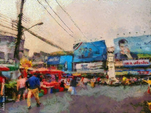 Food market in the city in the provinces of Thailand Illustrations creates an impressionist style of painting. © Kittipong