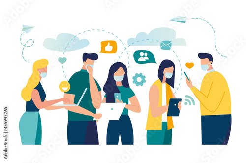 Vector illustration of New Coronavirus (2019-nKoV), people in white medical mask communicate through social networks online. ban on contact, Quarantine coronavirus concept