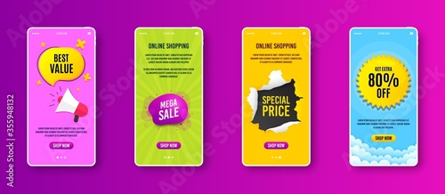 Mega sale badge. Phone screen banner. Discount banner shape. Coupon bubble icon. Sale banner on smartphone screen. Mobile phone web template. Mega sale promotion. Vector