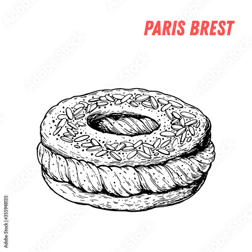 French dessert paris brest sketch. French pastries . Food menu design template. Hand drawn sketch vector illustration.