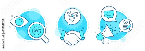 Wind energy, Smile chat and 360 degree line icons set. Handshake deal, research and promotion complex icons. Rfp sign. Ventilator, Happy face, Virtual reality. Request for proposal. Vector