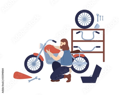 Bearded hipster guy motorcycle customization at service vector flat illustration. Mechanic man assemble in parts motorbike at garage isolated on white. Male biker enjoying hobby work with transport