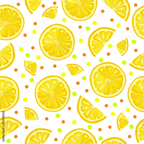Seamless pattern on a white background with the image of bright yellow orange slices. Vector drawing.