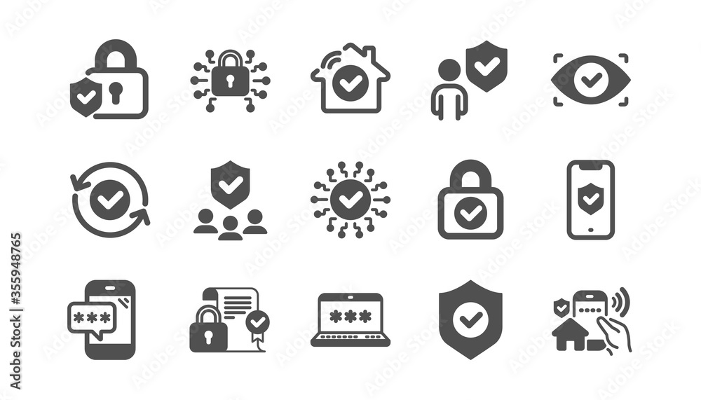 Security icons set. Password, Cyber lock, unlock. Guard, shield, home security system icons. Eye access, electronic check, firewall. Internet protection, laptop password. Quality set. Vector Security icons set. Password, Cyber lock, unlock. Guard, shield, home security system icons. Eye access, electronic check, firewall. Internet protection, laptop password. Quality set. Vector