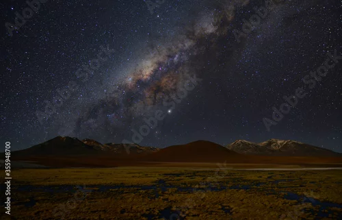 Obraz Nocne gwiazdziste niebo oraz nasza galaktyka Droga Mleczna w Andach chilijskich - The night starry sky and our galaxy Milky Way in the Chilean Andes