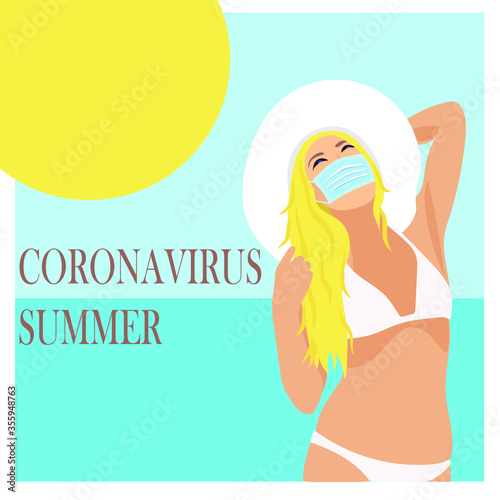 A young tanned blonde girl in a white bikini, a sun hat and a medical mask. Lifting restrictions after the coronavirus epidemic. Protection on the beach. Life after the epidemic. Vector drawing.