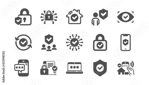 Security icons set. Password, Cyber lock, unlock. Guard, shield, home security system icons. Eye access, electronic check, firewall. Internet protection, laptop password. Quality set. Vector