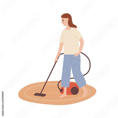 Smiling housewife cleaning carpet with vacuum cleaner vector flat illustration. Happy young woman doing housework isolated on white background. Domestic female cleanup dirt and dust on floor at home