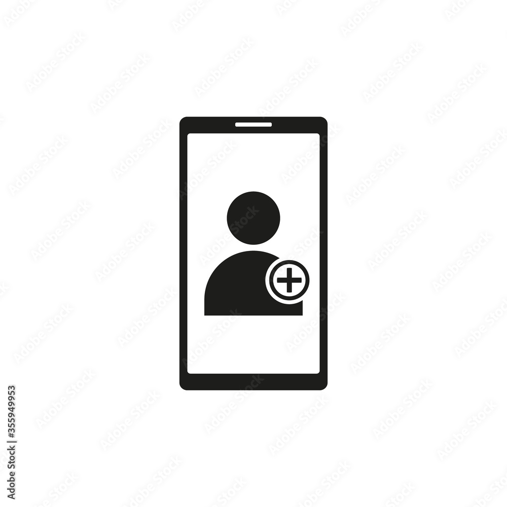Add new contact in smartphone icon. Phone, add contact, new contact. Flat design. Vector illustration. Isolated. Add new contact in smartphone icon. Phone, add contact, new contact. Flat design. Vector illustration. Isolated.