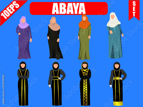 Islamic style. Vector of abaya set with blue background.