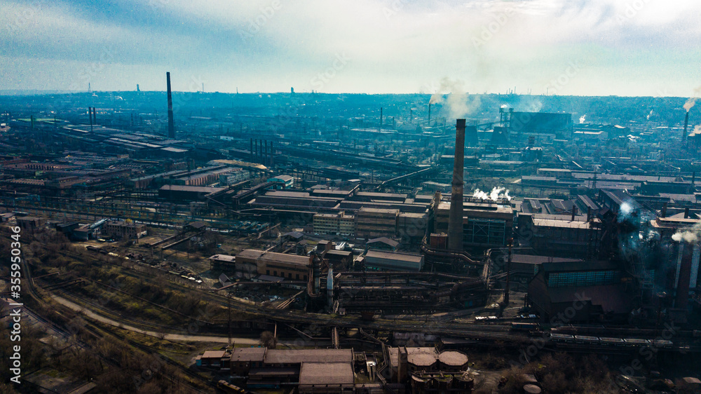 metallurgical production plant full cycle smoke from pipes bad ecology aerial photography