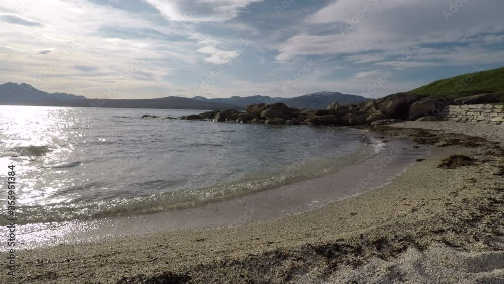 sandy summer bay beach in summer with snowy mountain backdrop sandy summer bay beach in summer with snowy mountain backdrop