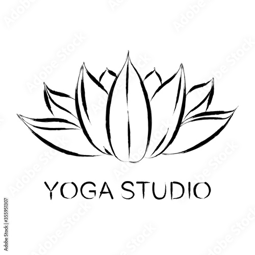 Lotus, stylized image, brush drawing. Handwritten inscription yoga Studio .