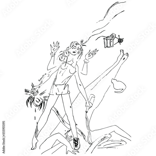 Isolated vector illustration. Hindu goddess Kali as modern rock girl. Hand drawn linear ink sketch. Female archetype. Black and white silhouette.