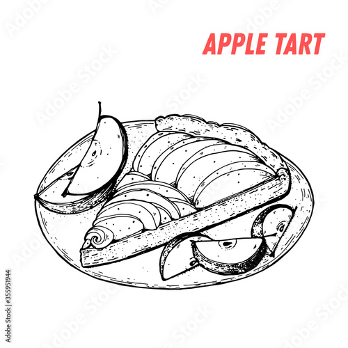 French dessert apple tart sketch. French pastries . Food menu design template. Hand drawn sketch vector illustration.