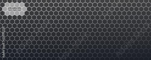 Vector abstract, geometric background, metallic gray hexagonal shapes on a dark gradient background. For banner, printing design, place for text. Copyspace.