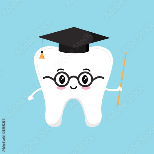 Happy wisdom tooth in glasses with pointer and black graduate hat. Vector illustration of educational logo with cute kawaii character. Flat design cartoon style tooth concept of children s dentistry.