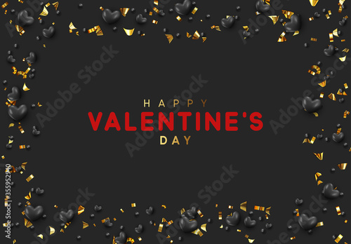 Background with black hearts and round beads strewn with golden confetti. Happy Valentines Day vector illustration.