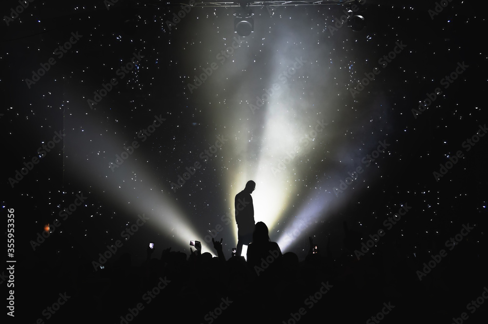 silhouette of a vocalist on stage and the effect of the starry sky. amazing show in the light of spotlights. concert for fans