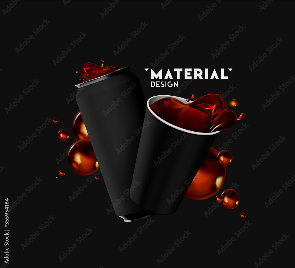 Realistic iron cans and Paper Cup with drink tea, coffee, spray, splashing fluid coke. Mock up for your design. 3d isolated objects on black background. Template banner, poster. Vector illustration