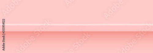 Pink 3d shelf on the wall. Wooden horizontal realistic empty shelf