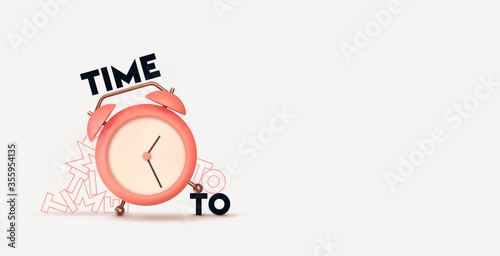 Clock 3d Vector. Pink Alarm clock realistic of plastic in soft pastel colors. Time to the watch.