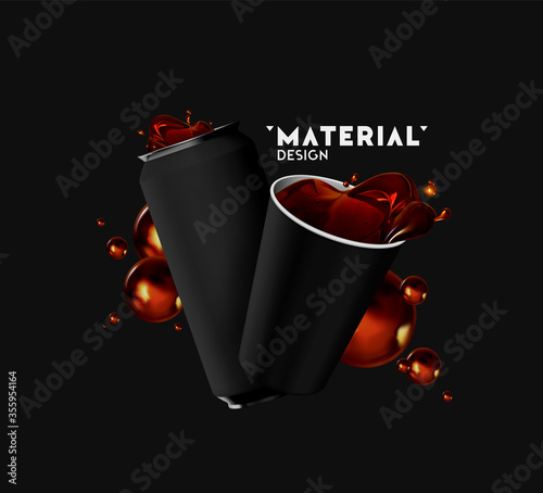 Realistic iron cans and Paper Cup with drink tea, coffee, spray, splashing fluid coke. Mock up for your design. 3d isolated objects on black background. Template banner, poster. Vector illustration