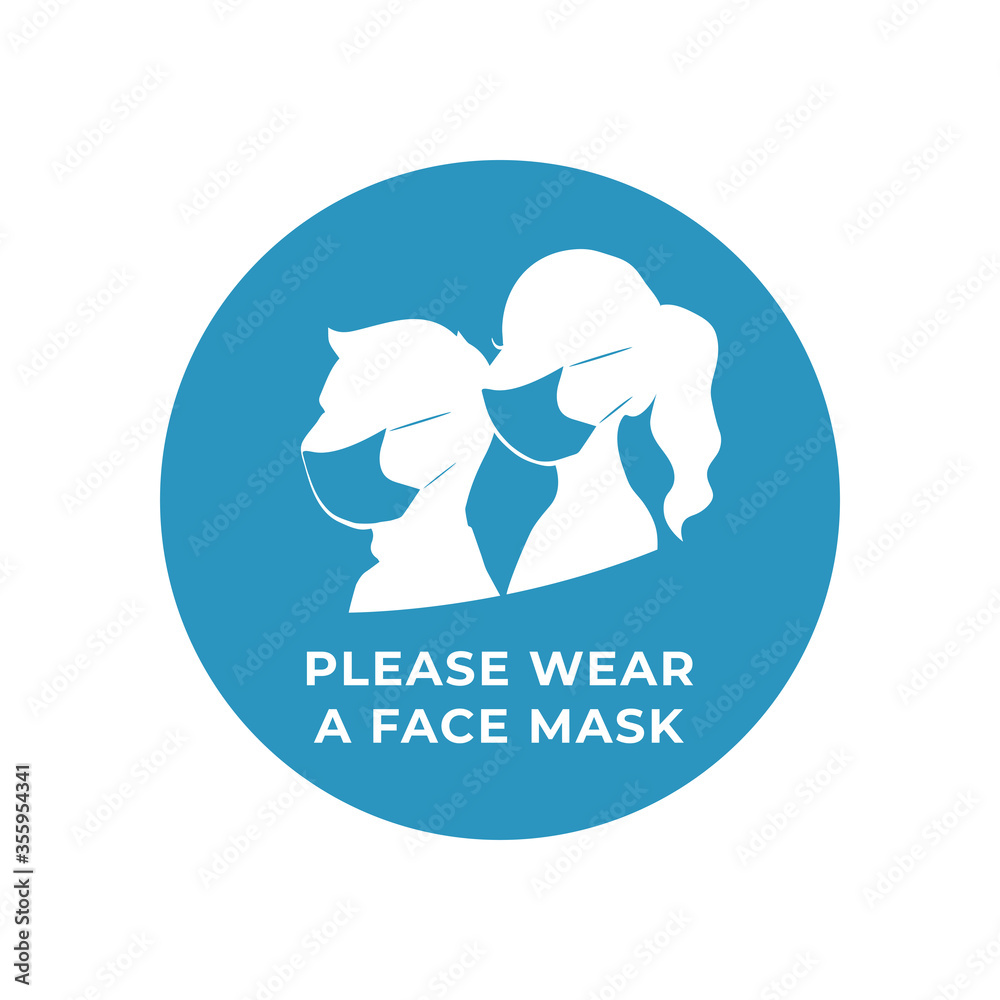 Vector attention sign, please wear a medical mask. Man's and woman's black silhouettes on blue background
