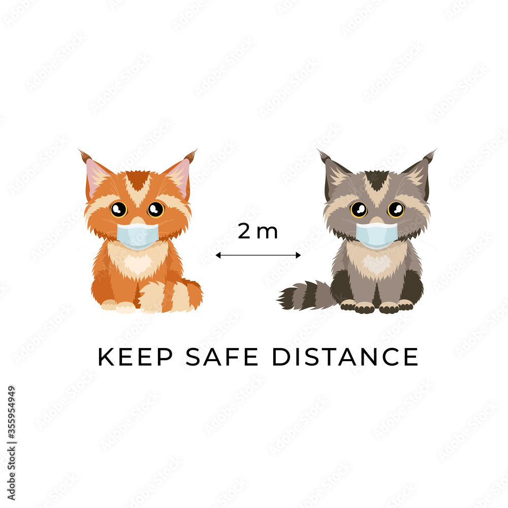 Keep safe distance 2 m. Coronavirus infection spreading prevention information sign with cute hand drawn maine coon cats in medical masks. Illustration for children
